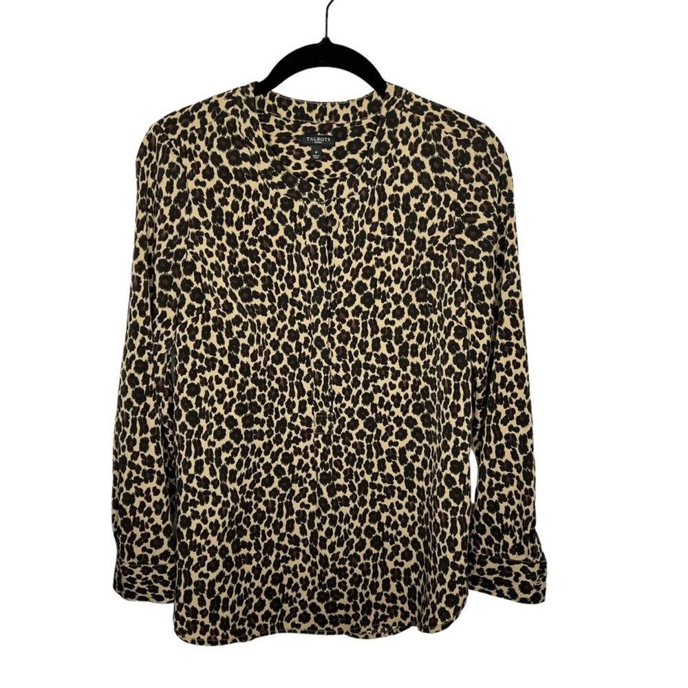 TALBOTS / brown black leopard print hidden button front popover blouse / S pet